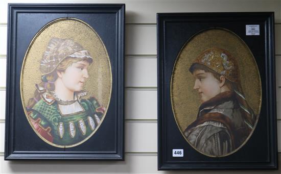 A pair of Continental ceramic oval portrait plaques, 19th century, 39.5 x 37.5cm